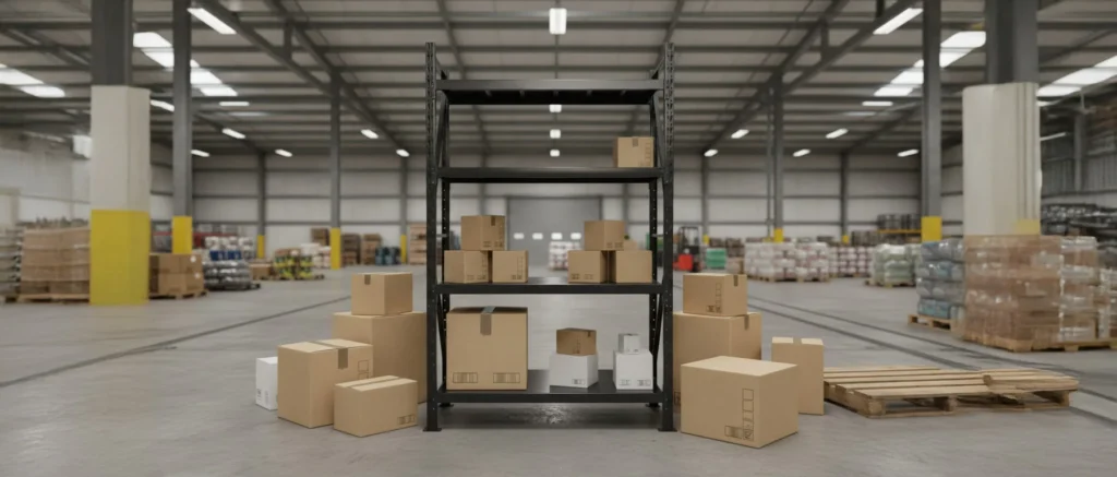 heavy duty steel shelving unit loaded with cardboard boxes in warehouse setting black