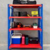heavy duty steel shelving unit with tools and storage boxes blue and orange