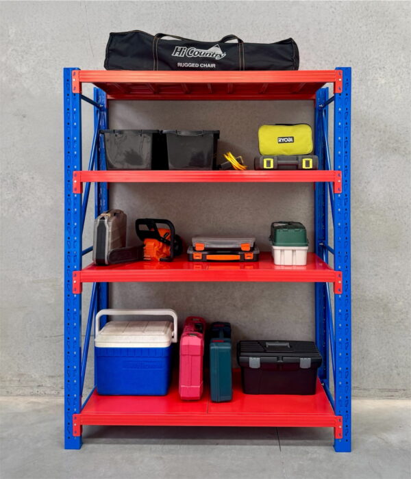 heavy duty steel shelving unit with tools and storage boxes blue and orange