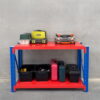 heavy duty steel workbench with tools and storage boxes blue and orange