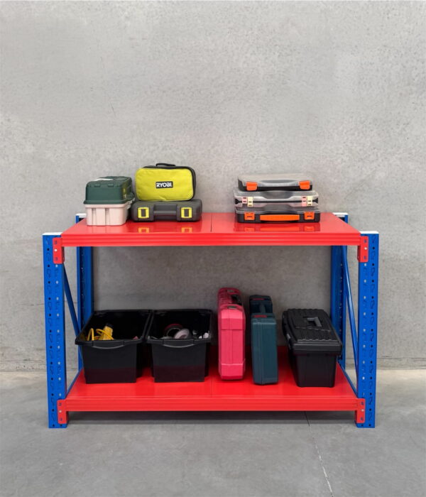 heavy duty steel workbench with tools and storage boxes blue and orange