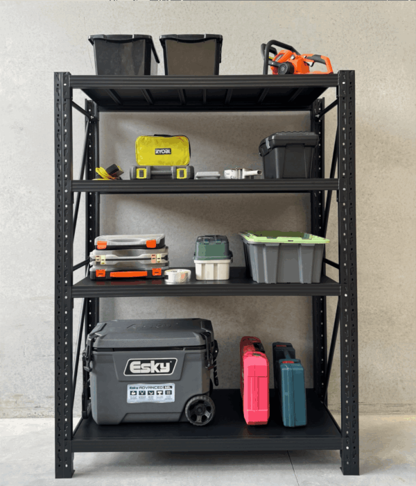heavy duty steel shelving unit with tools and storage boxes black