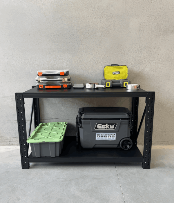 heavy duty steel workbench with tools and storage boxes black