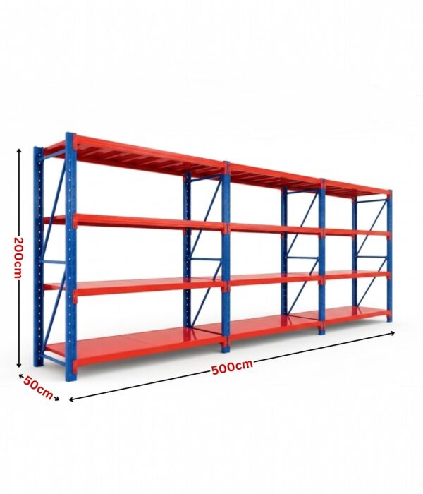 heavy duty steel longspan shelving unit 200x500x50cm blue and orange