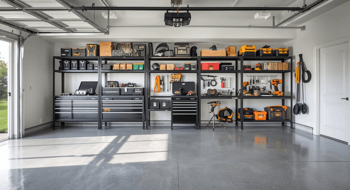 Organised home garage with black steel shelving units loaded with power tools, toolboxes, and equipment on a polished concrete floor