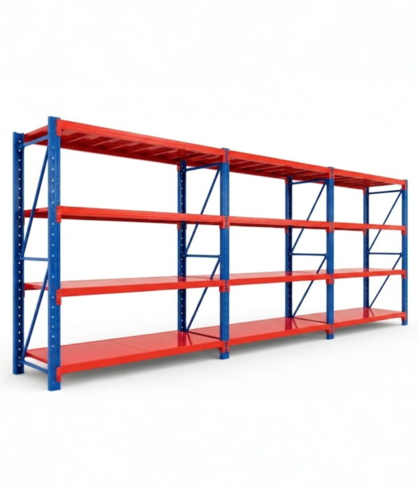 heavy duty steel 3 bay longspan shelving unit blue and orange
