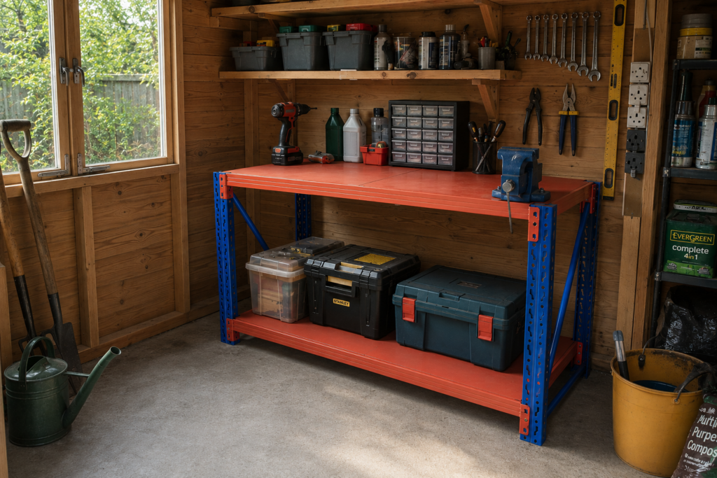 Blue and orange workbench in shed