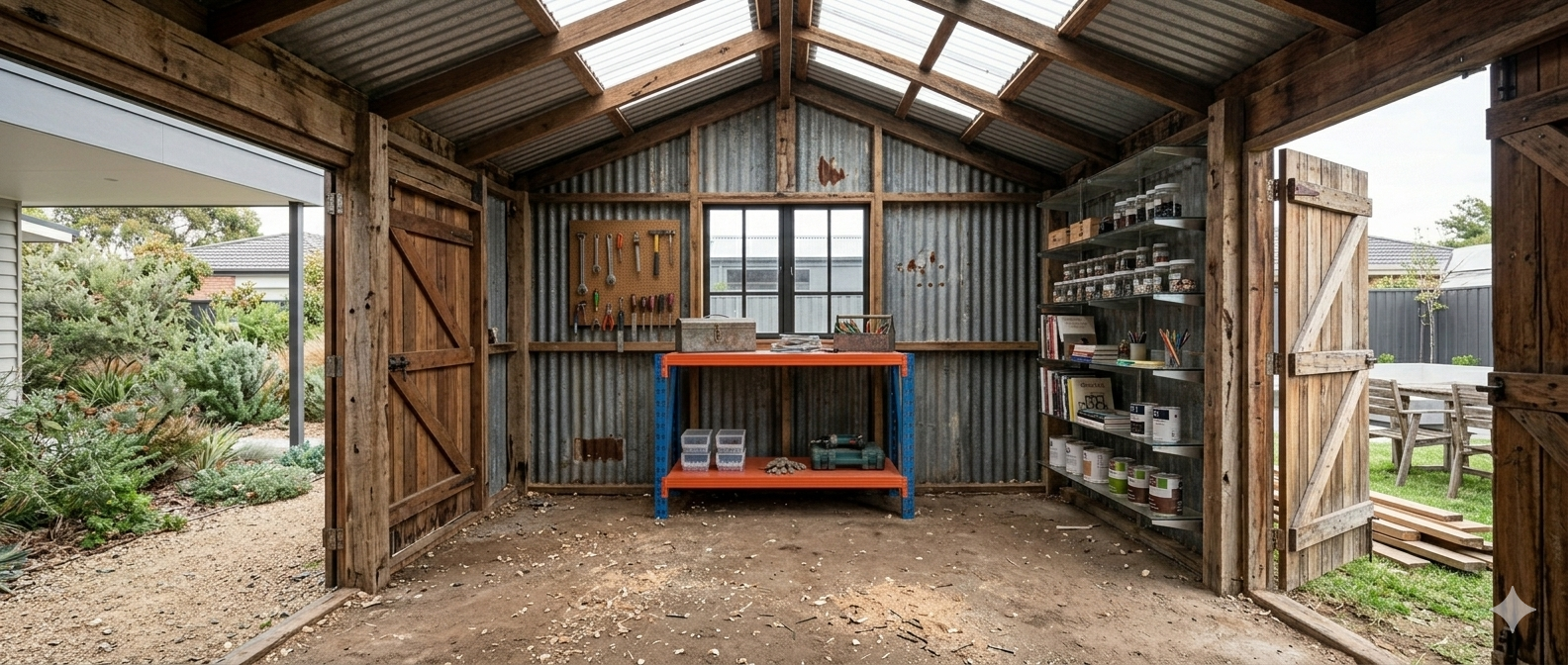 blue and orange workbench in large metal shed