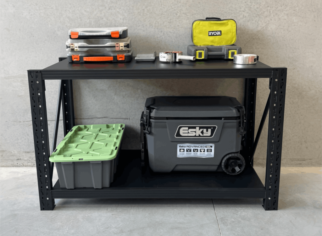Black workbench with tools