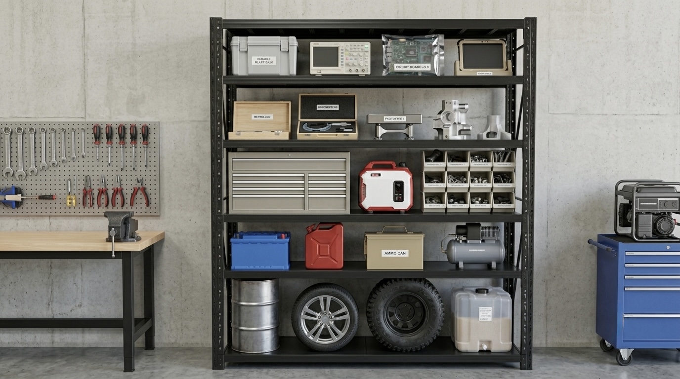 black shelf in clean basement with tools